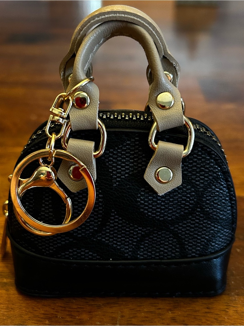 Black Mini Dome Satchel w/Beige Top Handles & Gold Hardware Keychain Bag Charm